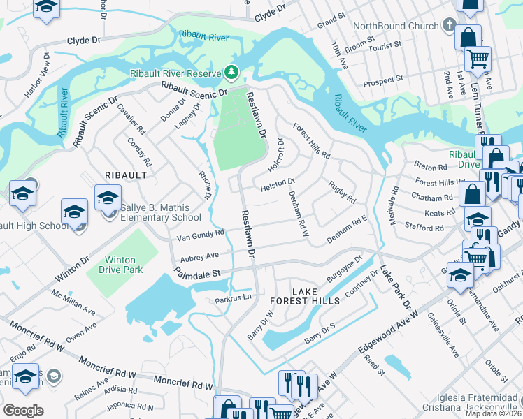 map of restaurants, bars, coffee shops, grocery stores, and more near 2646 Sandra Lane in Jacksonville