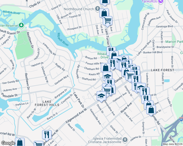 map of restaurants, bars, coffee shops, grocery stores, and more near 1626 Keats Road in Jacksonville