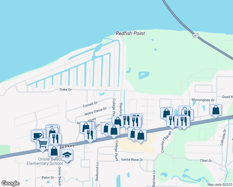 map of restaurants, bars, coffee shops, grocery stores, and more near 1502 College Parkway in Gulf Breeze