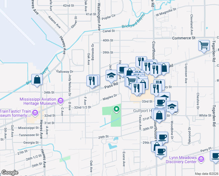 map of restaurants, bars, coffee shops, grocery stores, and more near 37 Pass Road in Gulfport