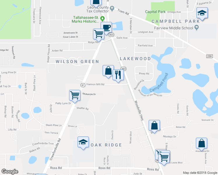 map of restaurants, bars, coffee shops, grocery stores, and more near 209 Hannon Mill Road in Tallahassee