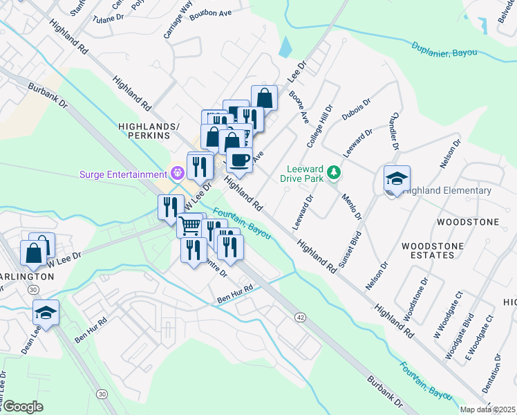 map of restaurants, bars, coffee shops, grocery stores, and more near 5544 Highland Road in Baton Rouge