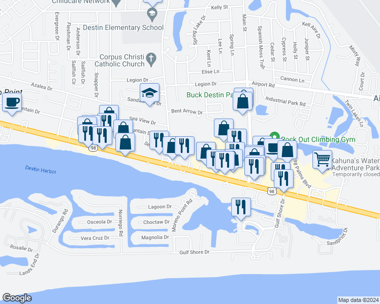 map of restaurants, bars, coffee shops, grocery stores, and more near 713 Harbor Boulevard in Destin