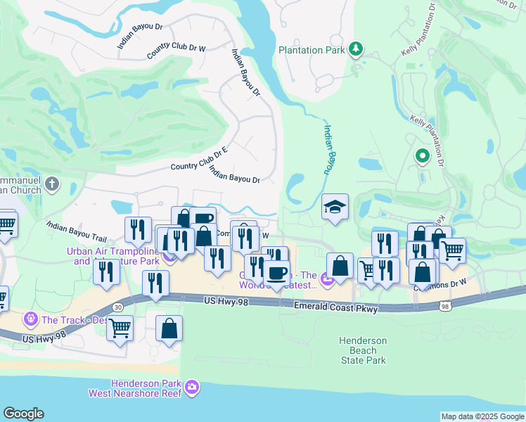 map of restaurants, bars, coffee shops, grocery stores, and more near 4151 Commons Drive West in Destin