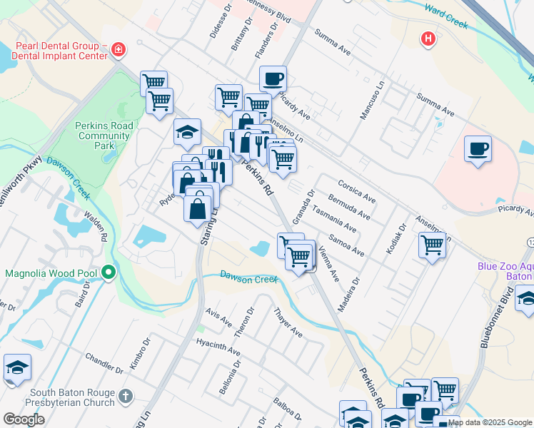 map of restaurants, bars, coffee shops, grocery stores, and more near 7837 Bles Avenue in Baton Rouge