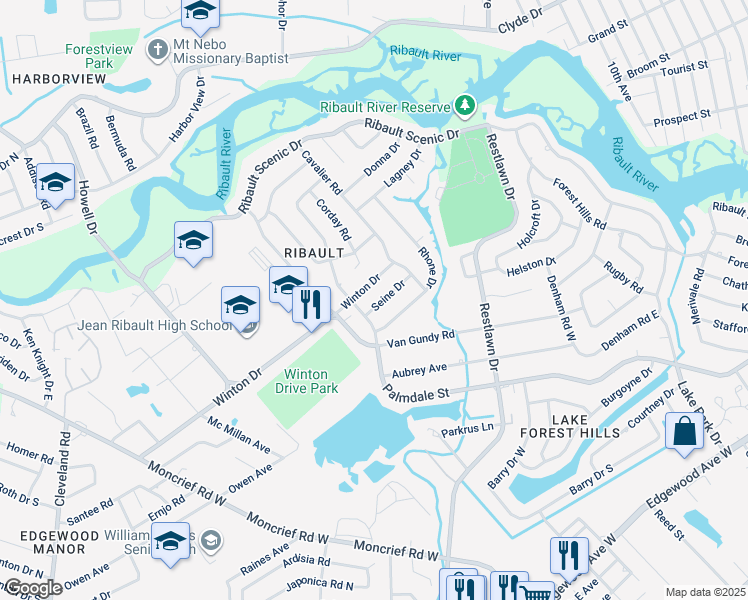 map of restaurants, bars, coffee shops, grocery stores, and more near 3215 Seine Drive in Jacksonville