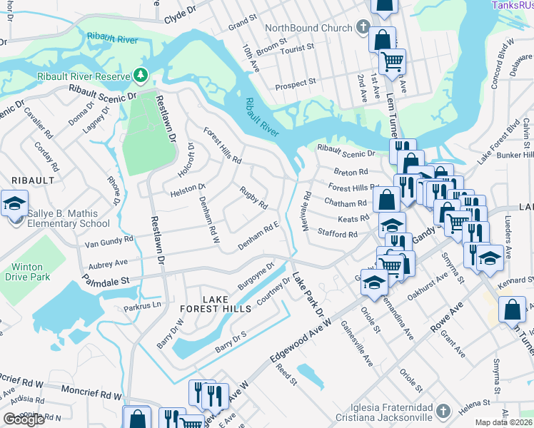 map of restaurants, bars, coffee shops, grocery stores, and more near 1824 Rugby Road in Jacksonville