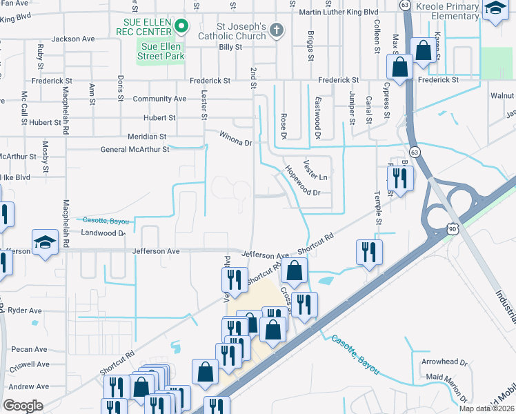 map of restaurants, bars, coffee shops, grocery stores, and more near 3427 2nd Street in Moss Point
