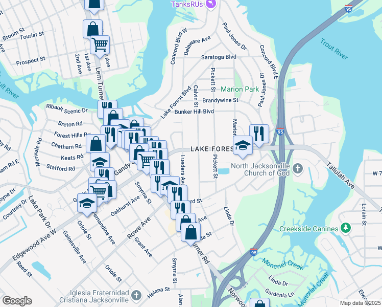 map of restaurants, bars, coffee shops, grocery stores, and more near 7634 Calvin Street in Jacksonville