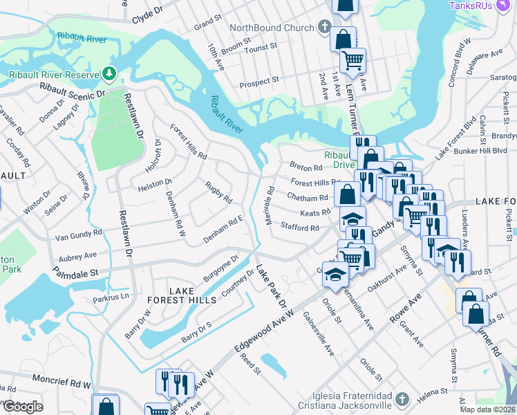 map of restaurants, bars, coffee shops, grocery stores, and more near 8163 Merivale Road in Jacksonville