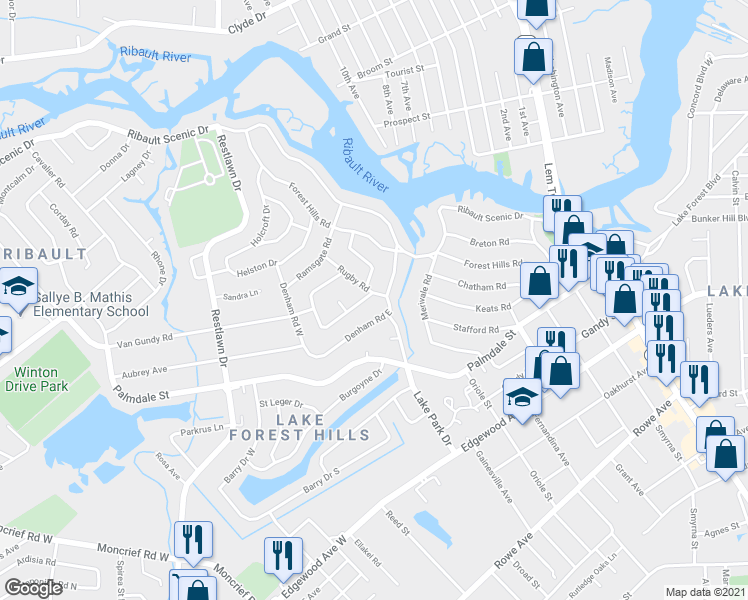 map of restaurants, bars, coffee shops, grocery stores, and more near 7973 Denham Road East in Jacksonville