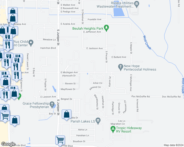 map of restaurants, bars, coffee shops, grocery stores, and more near 906 South Pecan Street in Foley