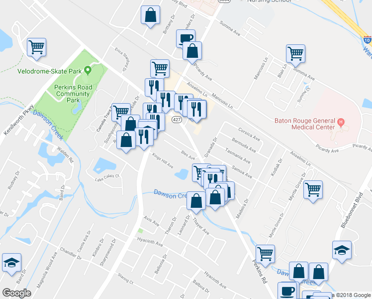 map of restaurants, bars, coffee shops, grocery stores, and more near 7816 Bles Avenue in Baton Rouge