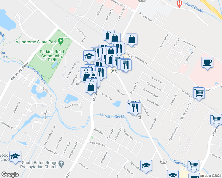 map of restaurants, bars, coffee shops, grocery stores, and more near 7816 Bles Avenue in Baton Rouge
