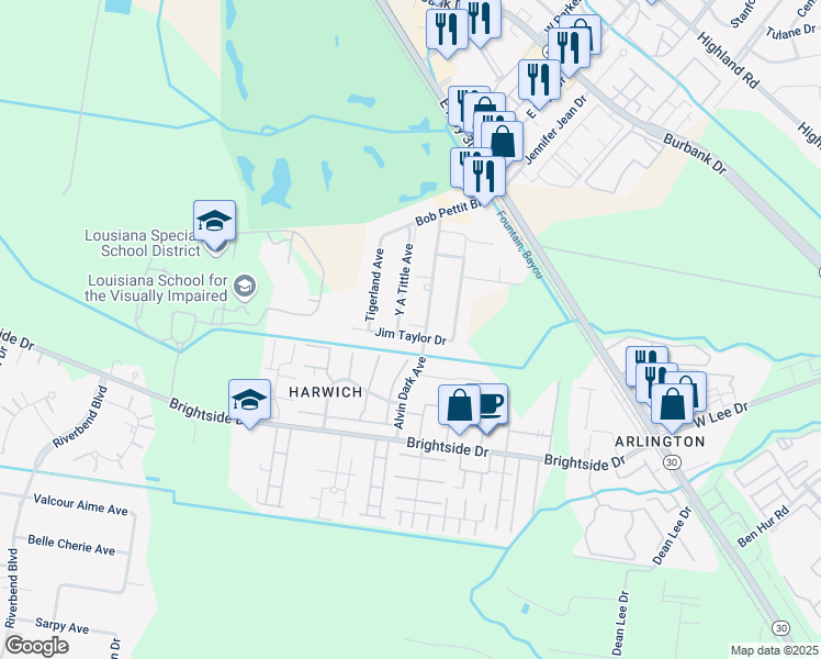 map of restaurants, bars, coffee shops, grocery stores, and more near 1257 Jim Taylor Drive in Baton Rouge
