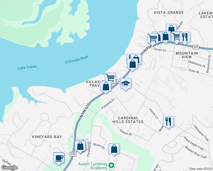 map of restaurants, bars, coffee shops, grocery stores, and more near 2918 Ranch Road 620 North in Austin