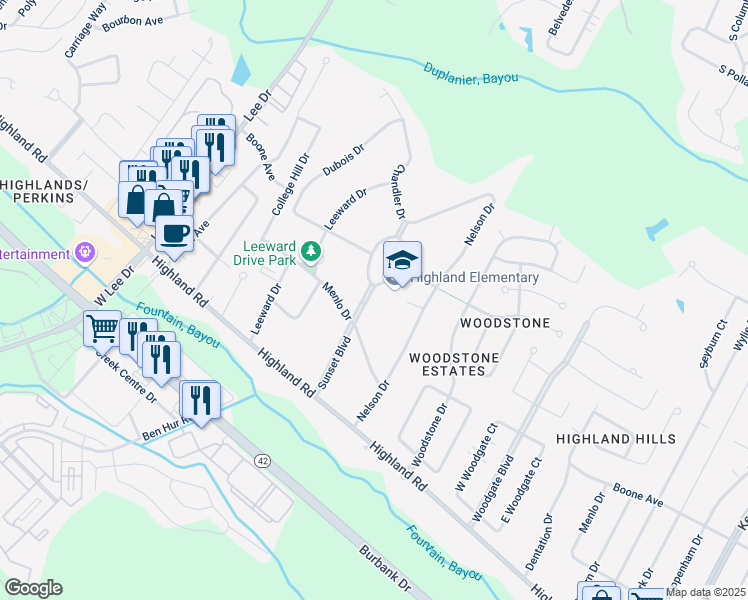map of restaurants, bars, coffee shops, grocery stores, and more near 350 Sunset Boulevard in Baton Rouge
