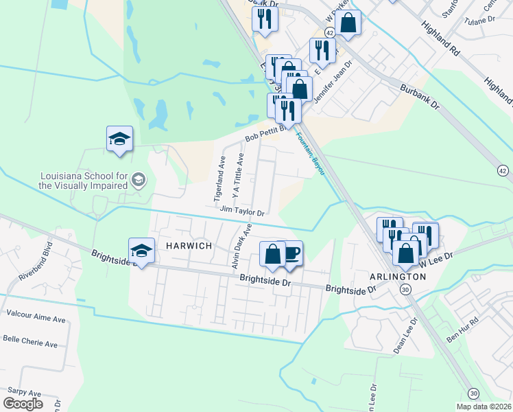 map of restaurants, bars, coffee shops, grocery stores, and more near 4749 Alvin Dark Avenue in Baton Rouge