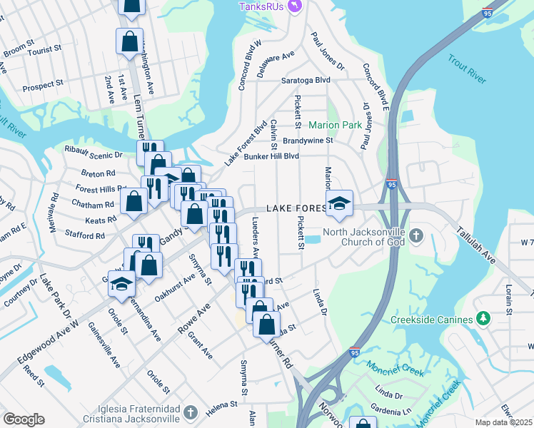 map of restaurants, bars, coffee shops, grocery stores, and more near 7634 Calvin Street in Jacksonville