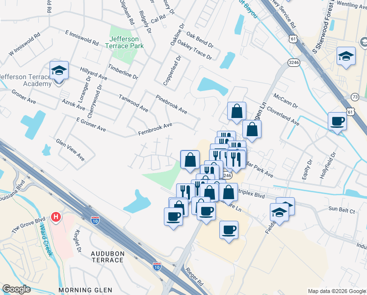 map of restaurants, bars, coffee shops, grocery stores, and more near 10808 Industriplex Boulevard in Baton Rouge