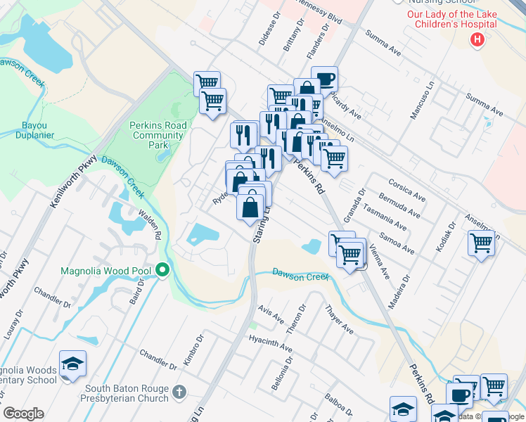 map of restaurants, bars, coffee shops, grocery stores, and more near 1919 Staring Lane in Baton Rouge