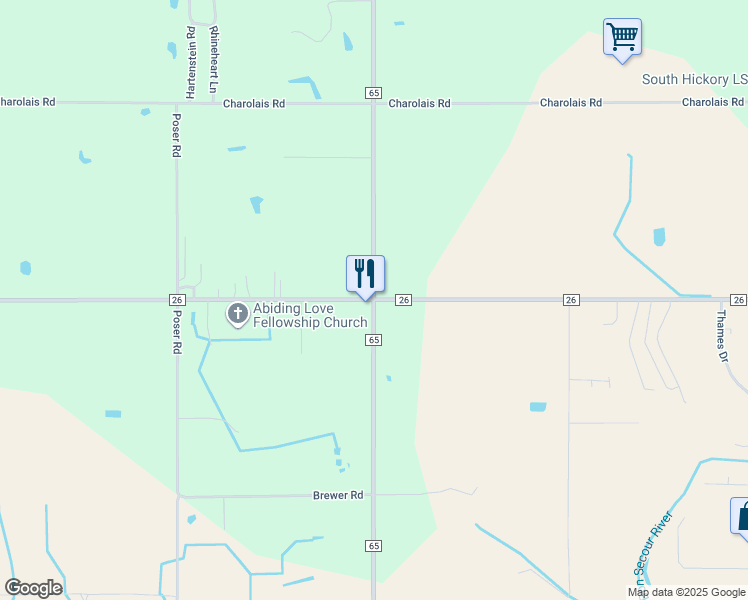 map of restaurants, bars, coffee shops, grocery stores, and more near County Road 65 in Foley