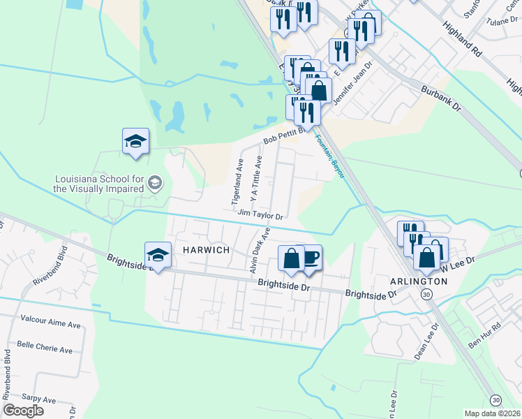 map of restaurants, bars, coffee shops, grocery stores, and more near 1257 Jim Taylor Drive in Baton Rouge