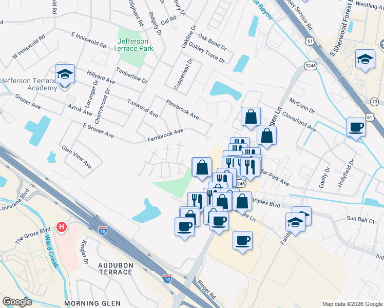 map of restaurants, bars, coffee shops, grocery stores, and more near 10808 Industriplex Boulevard in Baton Rouge