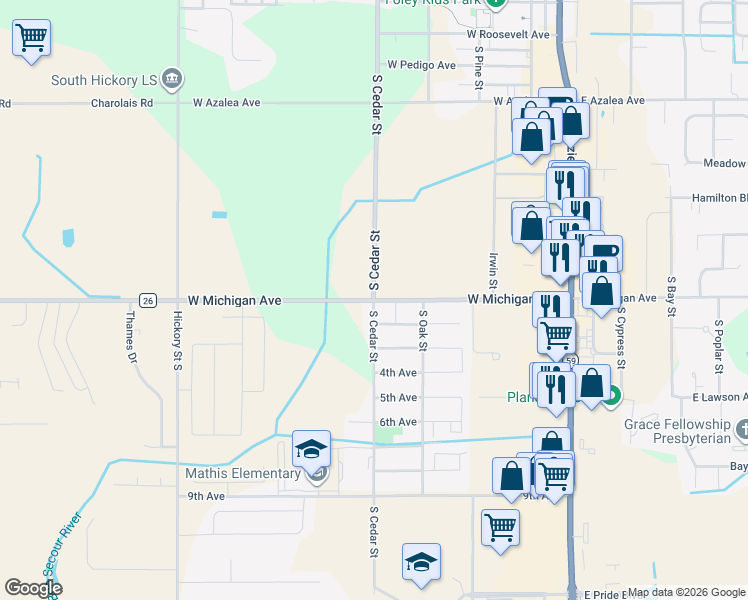 map of restaurants, bars, coffee shops, grocery stores, and more near 567 West Michigan Avenue in Foley