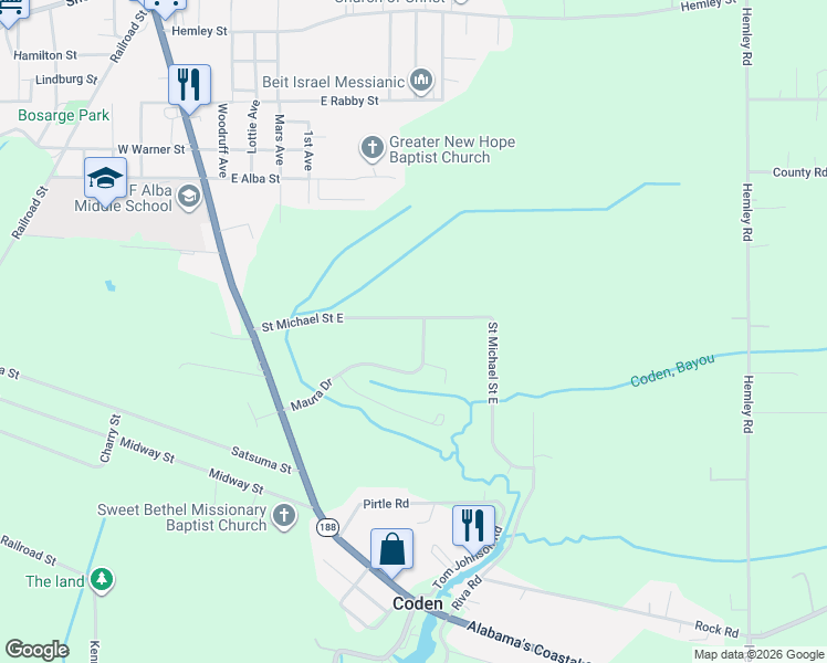 map of restaurants, bars, coffee shops, grocery stores, and more near 8340 Maura Drive in Bayou La Batre