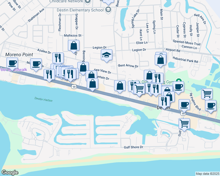map of restaurants, bars, coffee shops, grocery stores, and more near 661 Harbor Boulevard in Destin