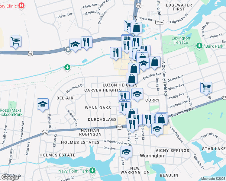 map of restaurants, bars, coffee shops, grocery stores, and more near 100 Leyte Drive in Pensacola