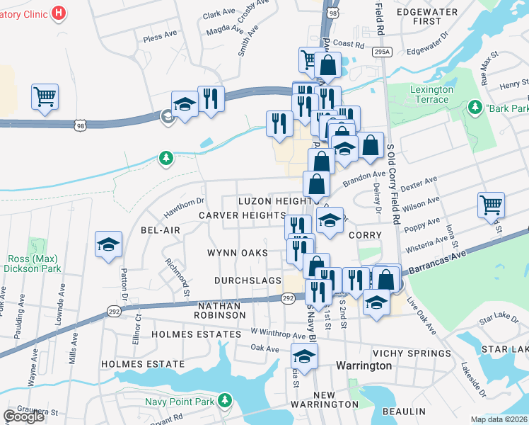 map of restaurants, bars, coffee shops, grocery stores, and more near 100 Leyte Drive in Pensacola
