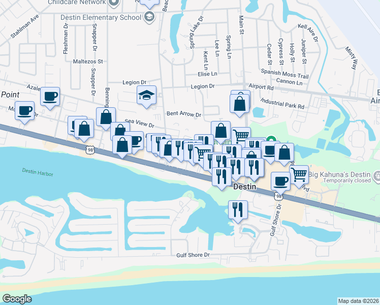 map of restaurants, bars, coffee shops, grocery stores, and more near 713 Harbor Boulevard in Destin