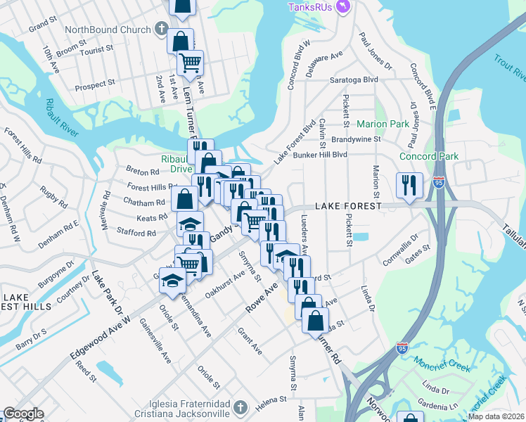 map of restaurants, bars, coffee shops, grocery stores, and more near 7819 Lem Turner Road in Jacksonville