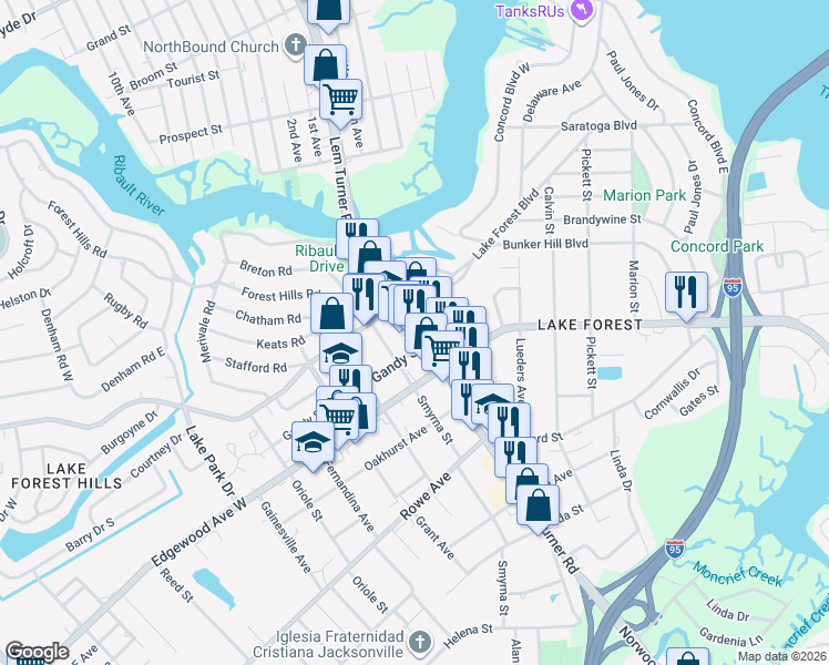 map of restaurants, bars, coffee shops, grocery stores, and more near 7944 Lem Turner Road in Jacksonville