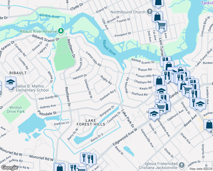 map of restaurants, bars, coffee shops, grocery stores, and more near 7853 Caxton Circle East in Jacksonville