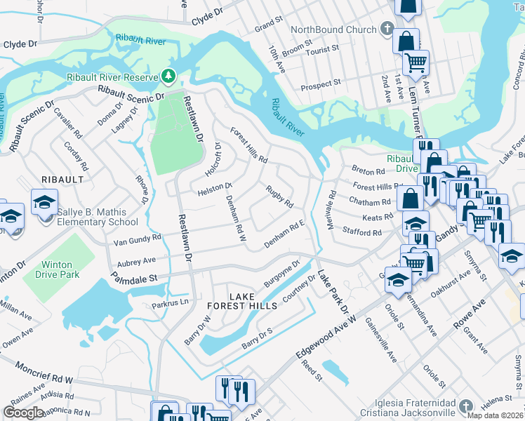 map of restaurants, bars, coffee shops, grocery stores, and more near 7837 Caxton Circle West in Jacksonville