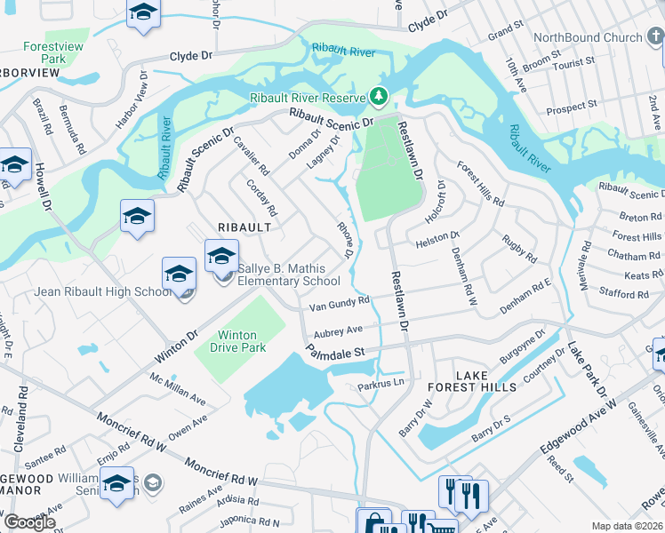 map of restaurants, bars, coffee shops, grocery stores, and more near 3138 Rhone Drive in Jacksonville