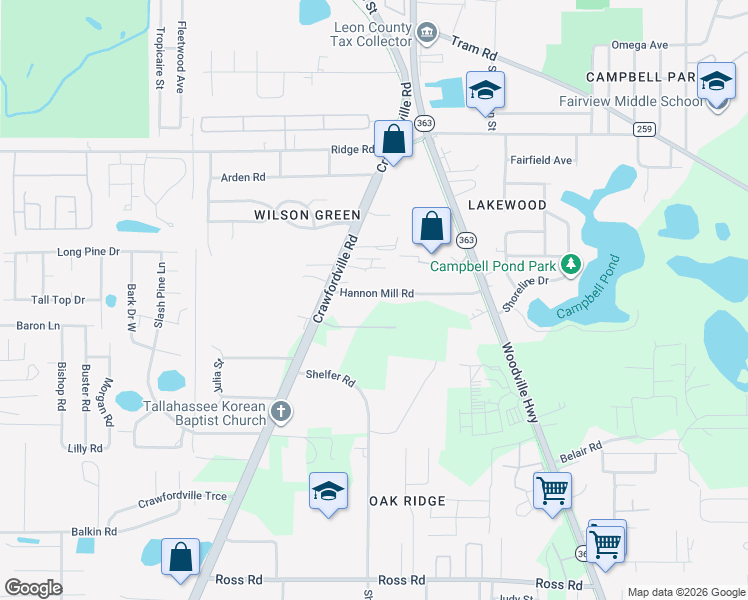 map of restaurants, bars, coffee shops, grocery stores, and more near 127 Hannon Mill Road in Tallahassee