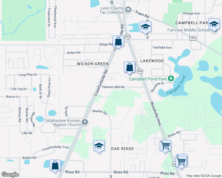 map of restaurants, bars, coffee shops, grocery stores, and more near 127 Hannon Mill Road in Tallahassee