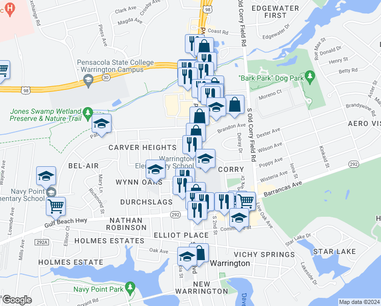 map of restaurants, bars, coffee shops, grocery stores, and more near 301b North Navy Boulevard in Pensacola