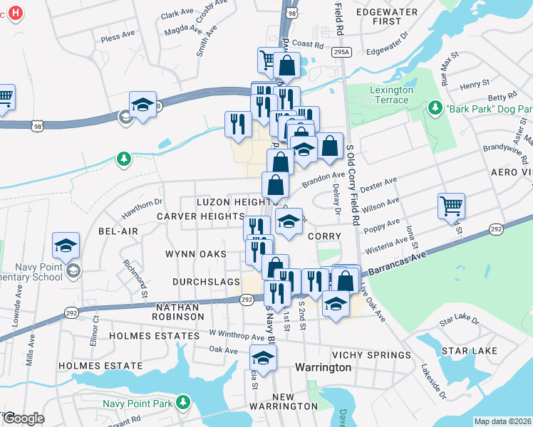 map of restaurants, bars, coffee shops, grocery stores, and more near 301b North Navy Boulevard in Pensacola