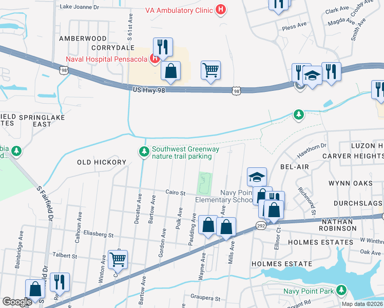 map of restaurants, bars, coffee shops, grocery stores, and more near 1205 Paulding Avenue in Pensacola