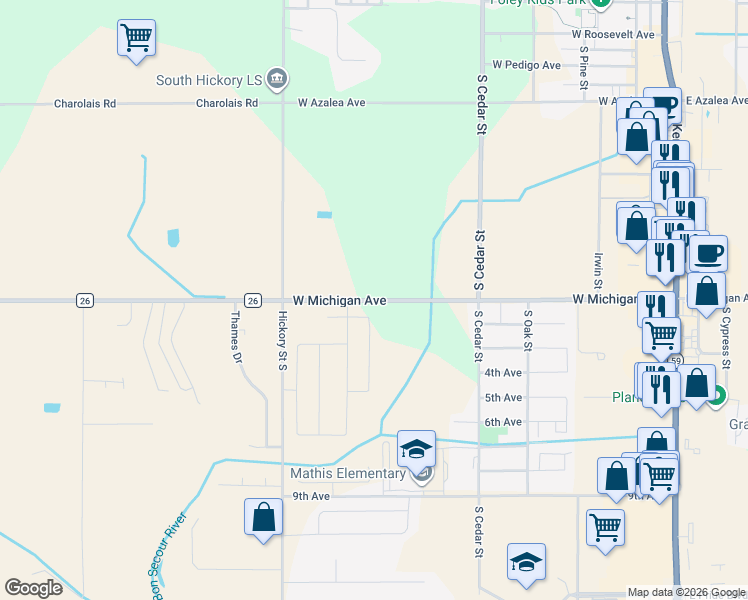 map of restaurants, bars, coffee shops, grocery stores, and more near 567-999 West Michigan Avenue in Foley