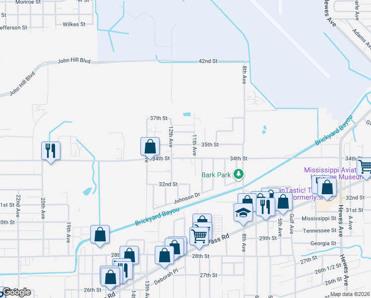 map of restaurants, bars, coffee shops, grocery stores, and more near 1118 34th Street in Gulfport