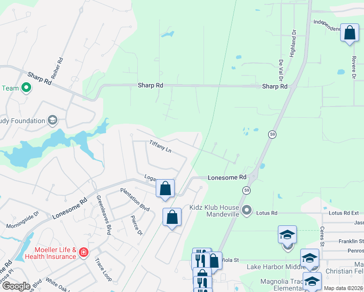 map of restaurants, bars, coffee shops, grocery stores, and more near 1660 Tiffany Lane in Mandeville