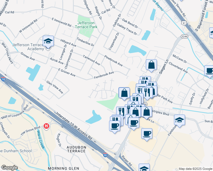 map of restaurants, bars, coffee shops, grocery stores, and more near 10707 Industriplex Boulevard in Baton Rouge
