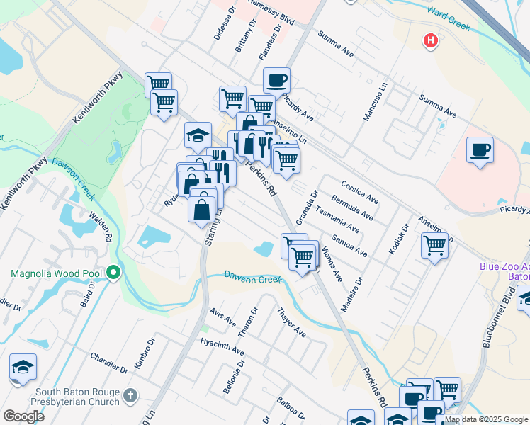 map of restaurants, bars, coffee shops, grocery stores, and more near 7816 Bles Avenue in Baton Rouge