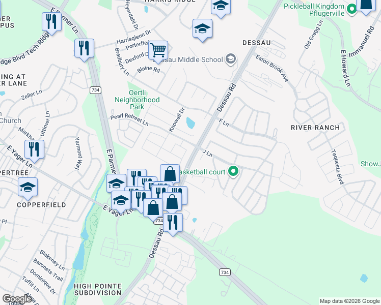 map of restaurants, bars, coffee shops, grocery stores, and more near 12401 Calibri Lane in Austin